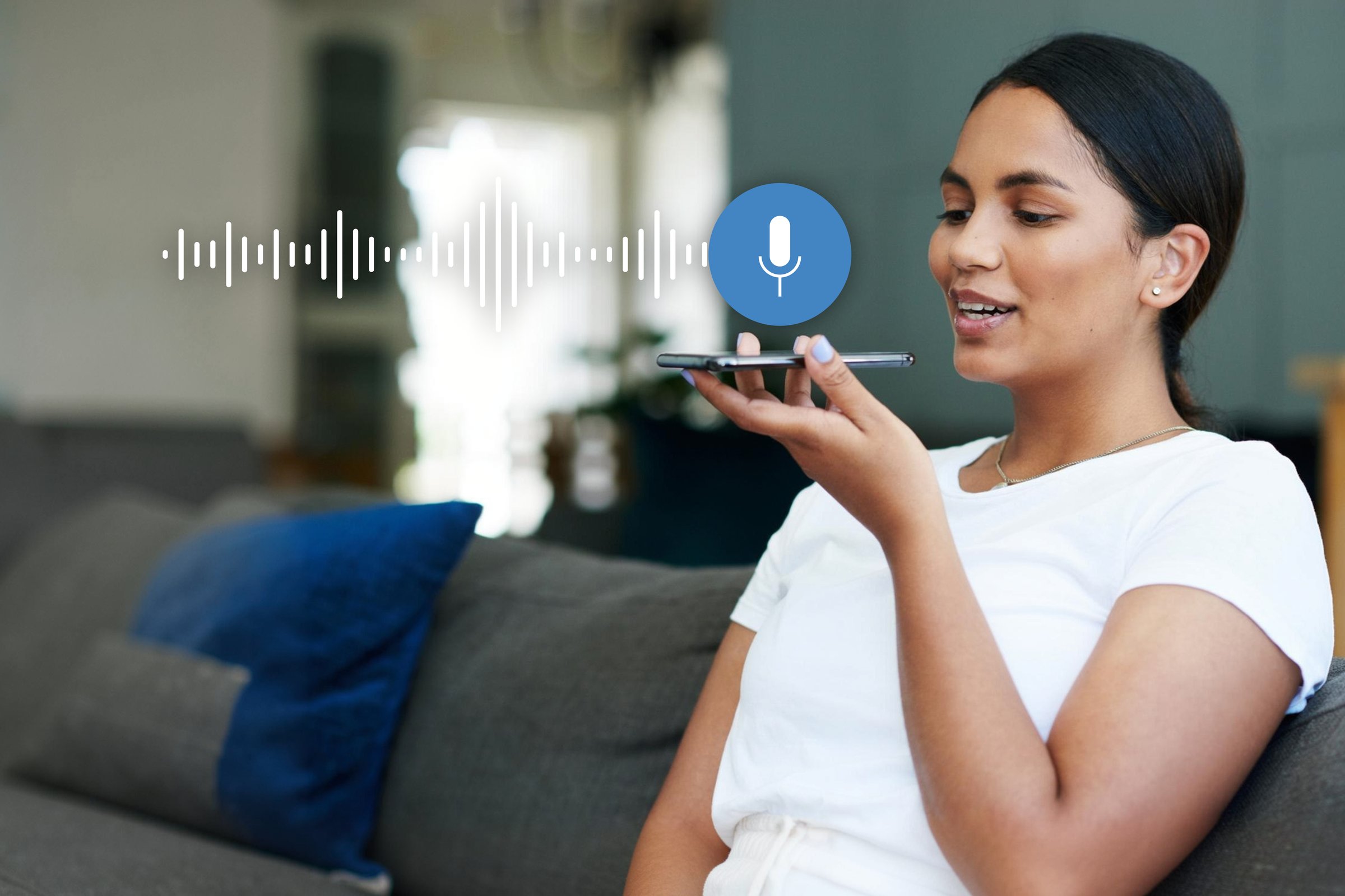 Patient speaking on mobile phone with AI voice agent &mdash; voice waveform & microphone overlay showing eCareVoice automating the call